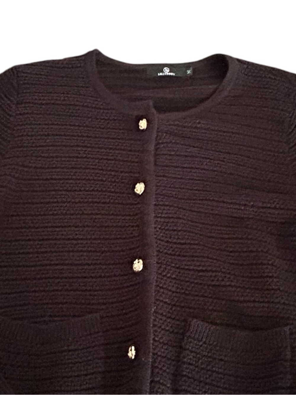 Lillusory Woman’s Black Knit Button-Up Cardigan with Gold Buttons SZ M EUC - Picture 2 of 11